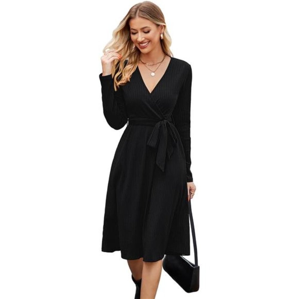 Women's Winter Sweater Dress Long Sleeve Casual Ribbed Knit Belt Dress, Black
